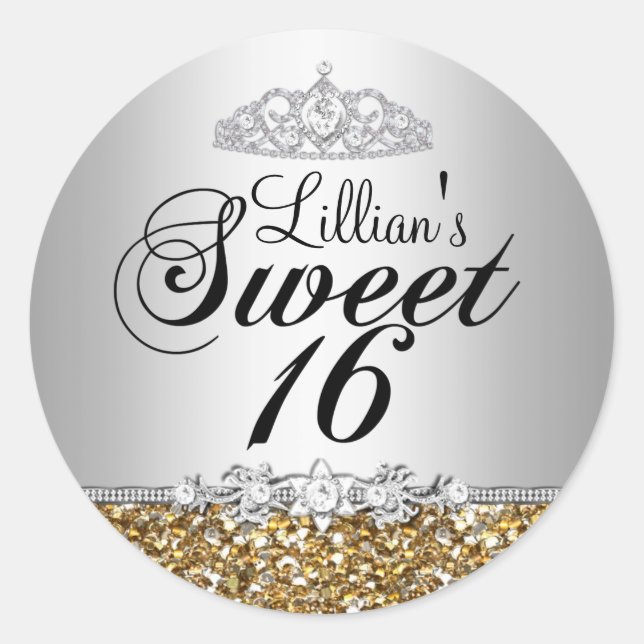 Gold Glitzer & Diamond Tiara Sweet 16 Sticker (Vorderseite)