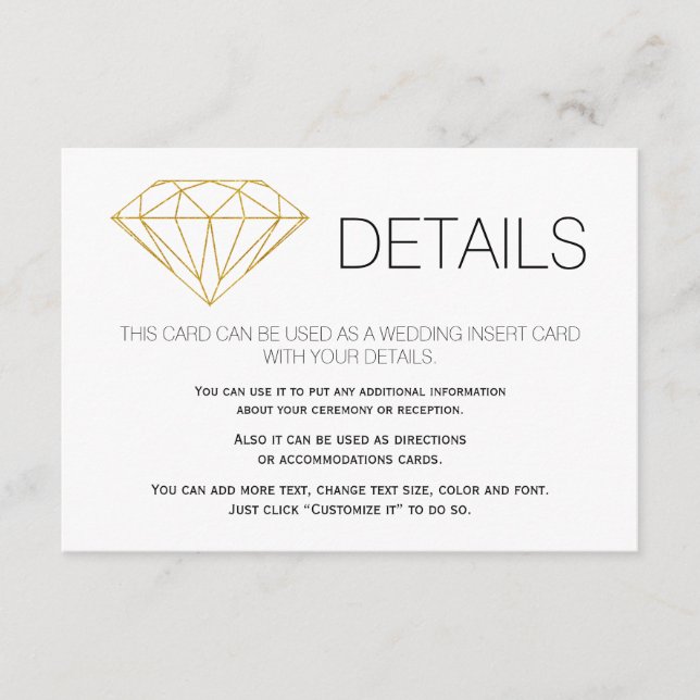 Gold Glitzer Diamond trendige Hochzeitsdetails ein Begleitkarte (Vorderseite)