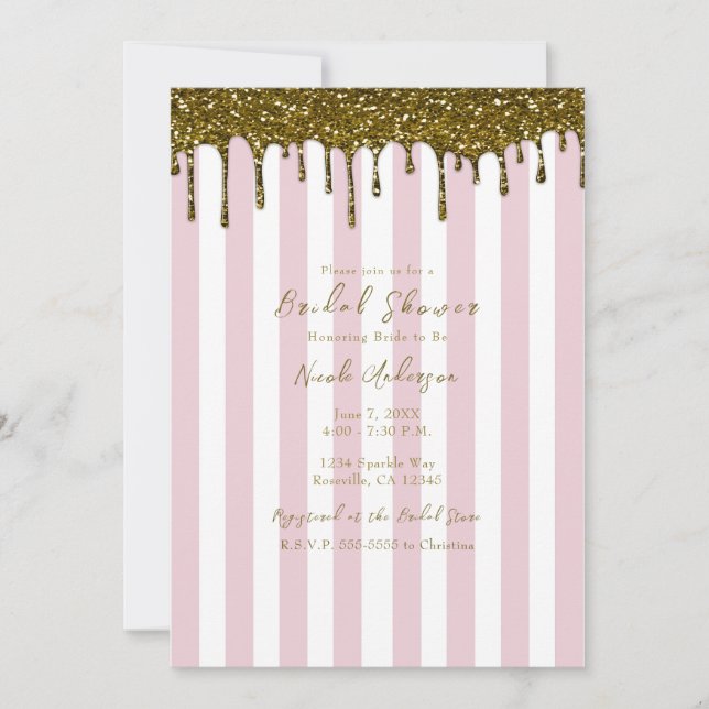 Gold Glitzer Dip Pink Candy Stripes Brautparty Einladung (Vorderseite)