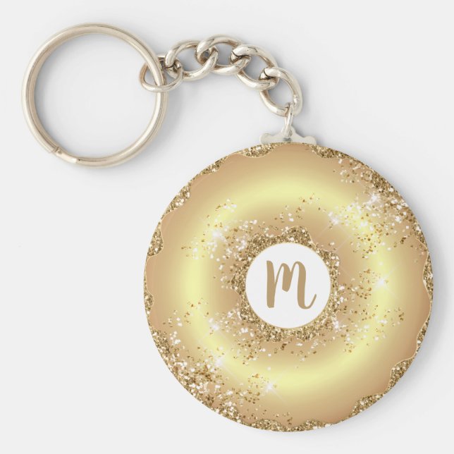 Gold Glitzer Doughnut Monogramm Drehbuch mädchenha Schlüsselanhänger (Vorne)