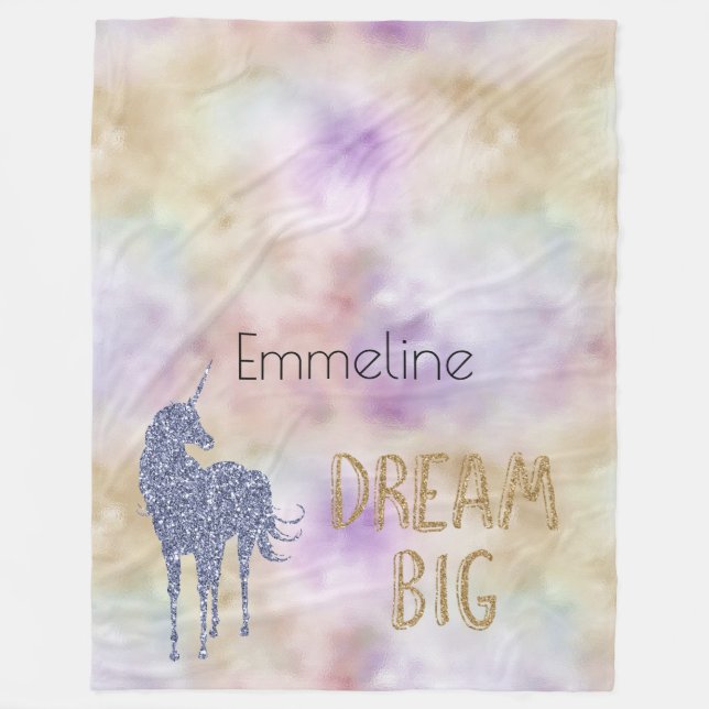 Gold Glitzer Dream Big Unicorn Personalisierter Na Fleecedecke (Vorderseite)
