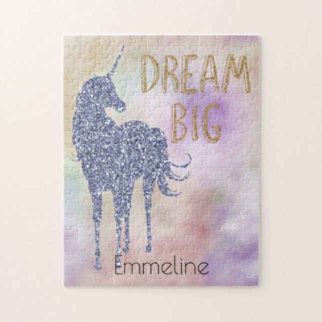 Gold Glitzer Dream Big Unicorn Personalisierter Na Puzzle (Vertikal)