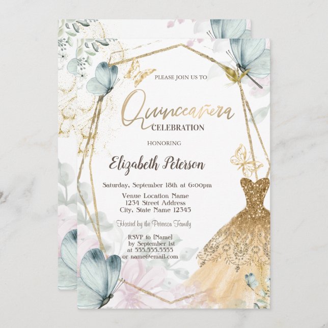 Gold Glitzer Dress Blue Butterfets Gold Frame Einladung (Vorne/Hinten)