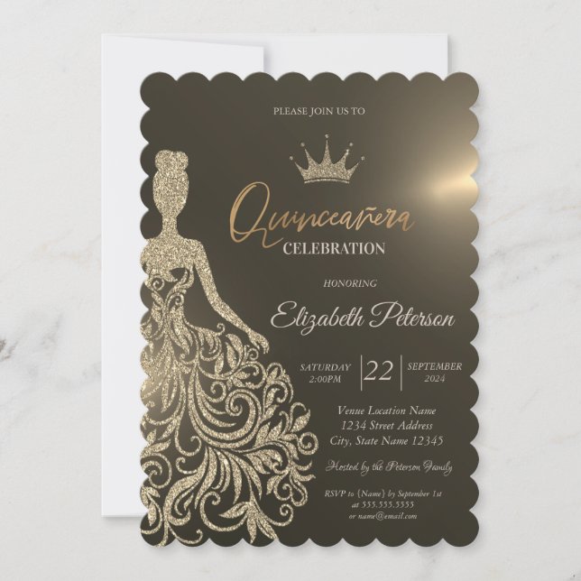 Gold Glitzer Dress, Diamonds Gold Quinceanera Einladung (Vorderseite)