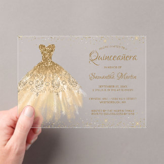 Gold Glitzer Dress Script Quinceañera Party Acryleinladungen