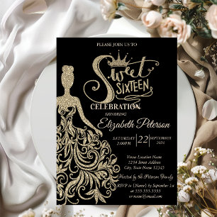 Gold Glitzer Dress, Tiara, Diamonds Black Sweet 16 Einladung
