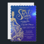Gold Glitzer Dress, Tiara, Diamonds Blue Sweet 16 Einladung<br><div class="desc">Gold Glitzer Tiara,  Kleid und Diamanten Sweet 16 Geburtstagsfeier Einladung.</div>