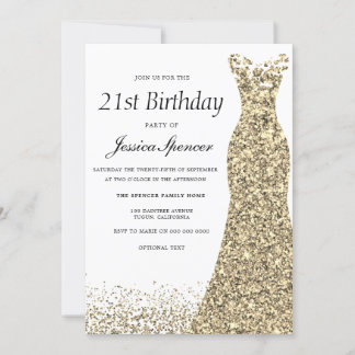 Gold Glitzer Dress Womans 21. Geburtstag Party Einladung