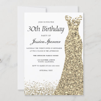 Gold Glitzer Dress Womans 30. Geburtstag Party Einladung