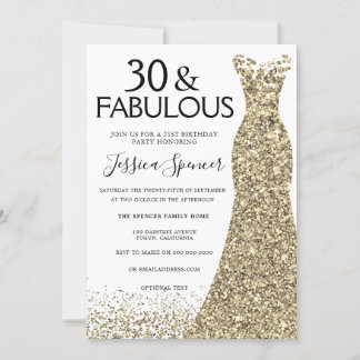 Gold Glitzer Dress Womans 30. Geburtstag Party Einladung
