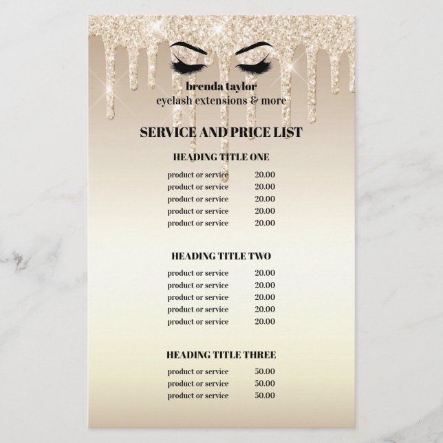 Gold Glitzer Dripps EYELASH SALON SERVICE LIST Flyer (Vorne)