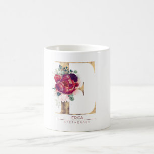 Gold Glitzer E Monogram Floral Burgund Rot Kaffeetasse