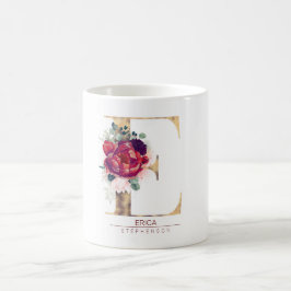 Gold Glitzer E Monogram Floral Burgundy Red Kaffeetasse
