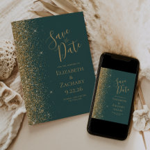 Gold Glitzer Edge Dark Green Save the Date