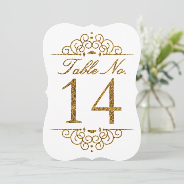 Gold Glitzer Effect Wedding Tischnummer Card (14) (Stehend Vorderseite)