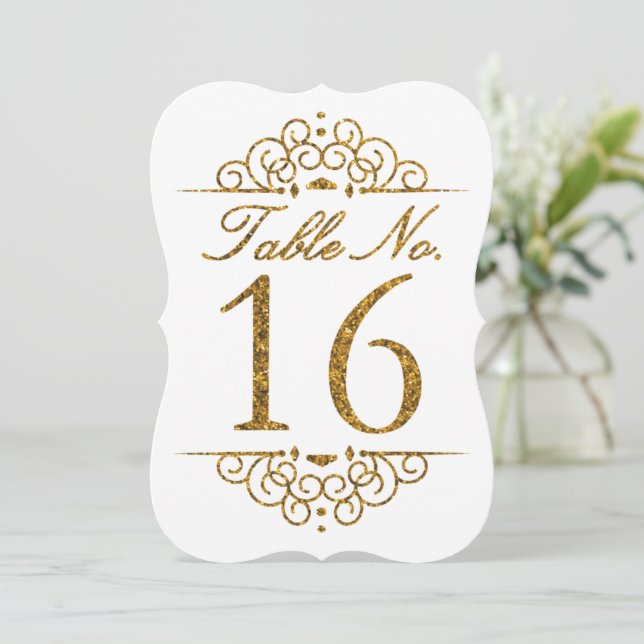 Gold Glitzer Effect Wedding Tischnummer Card (16) (Stehend Vorderseite)