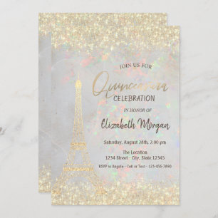 Gold Glitzer Eiffel Confetti Opal Quinceañera Einladung