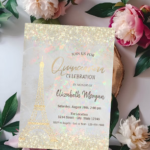 Gold Glitzer Eiffel Confetti Opal Quinceañera Einladung