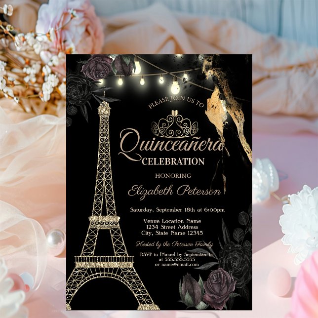 Gold Glitzer Eiffel Tower Black Rose Quinceañera Einladung (Von Creator hochgeladen)