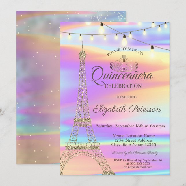 Gold Glitzer Eiffel Tower Holographic Quinceañera Einladung (Vorne/Hinten)
