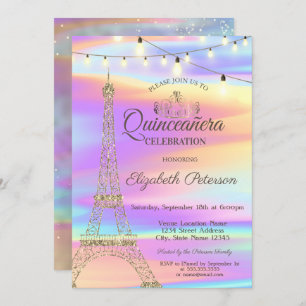 Gold Glitzer Eiffel Tower Holographic Quinceañera Einladung