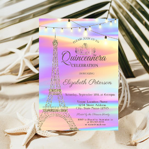 Gold Glitzer Eiffel Tower Holographic Quinceañera Einladung