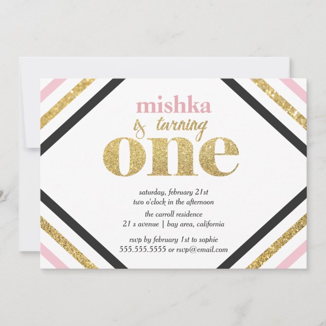 Gold Glitzer Einladung zum ersten Geburtstag (Vorderseite)