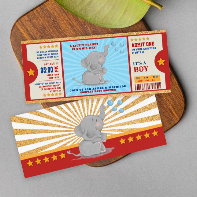 Gold Glitzer Elefant Ticket Couples Kinderdusche Einladung (Von Creator hochgeladen)