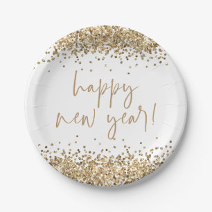 Gold Glitzer Elegante Script glücklich Neues Jahr  Pappteller
