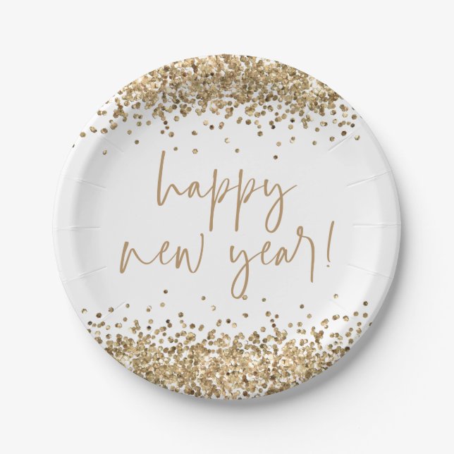 Gold Glitzer Elegante Script glücklich Neues Jahr  Pappteller (Vorderseite)