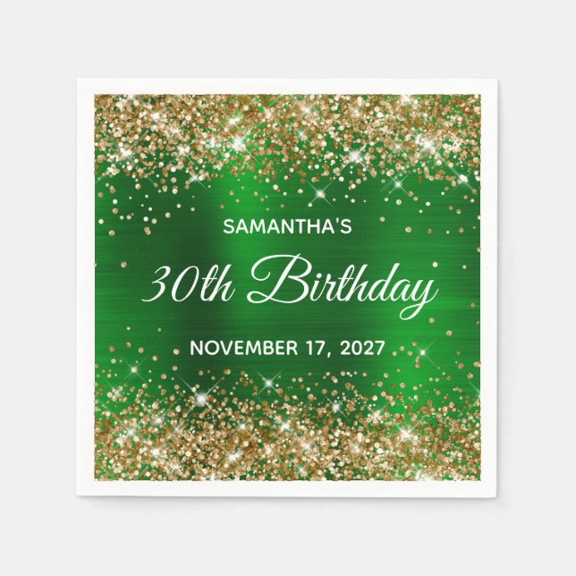 Gold Glitzer Emerald Green Foil 30. Geburtstag Serviette (Vorderseite)