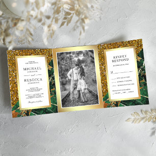 Gold Glitzer Emerald Green Marble Foto Hochzeit Dreifach Gefaltete Einladung