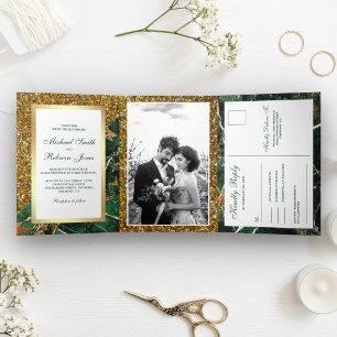 Gold Glitzer Emerald Green Marble Foto Hochzeit Dreifach Gefaltete Einladung