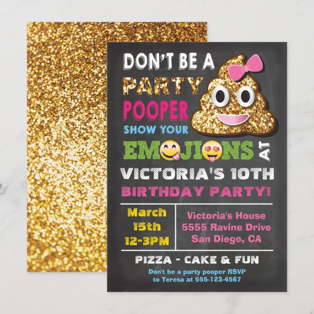 Gold Glitzer Emoji Party Pooper Girl Birthay Einladung (Vorne/Hinten)