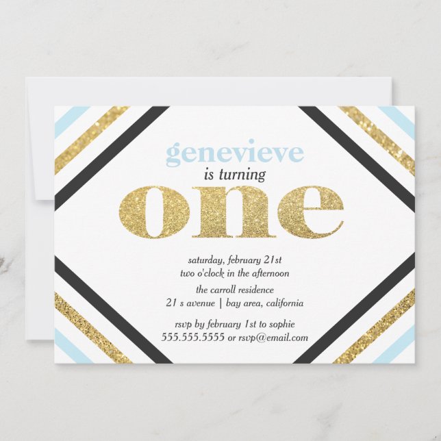 Gold Glitzer Erster Geburtstag Einladung (Vorderseite)