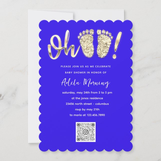 Gold Glitzer Feet Baby Girl QR CODE Royal Blue Einladung (Vorderseite)