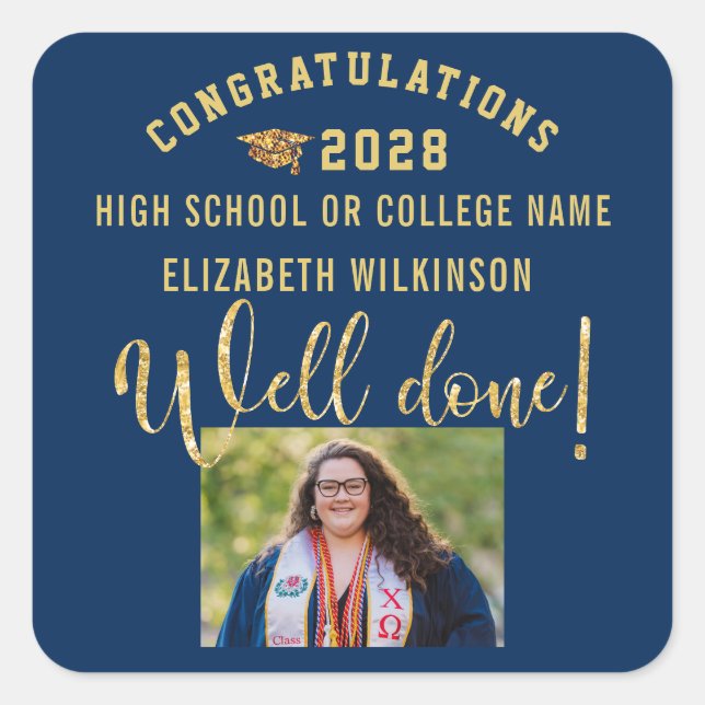 Gold Glitzer Fett Foto Abschluss Quadratischer Aufkleber (Vorderseite)