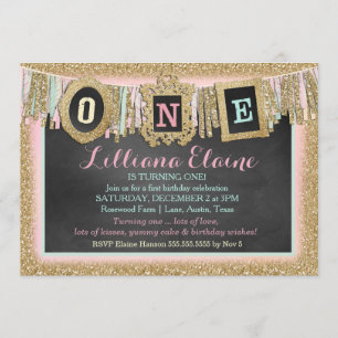 Gold Glitzer First Birthday Banner Einladung