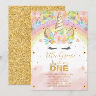 Gold Glitzer Floral 1. Geburtstag Einhorn Einladung