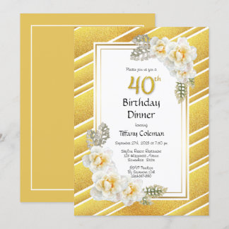 Gold Glitzer Floral 40. Geburtstag Abendessen Part Einladung