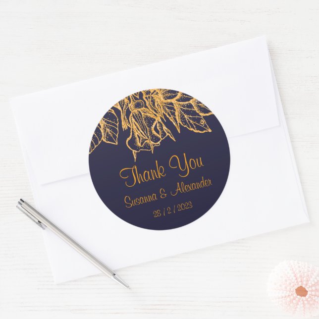 Gold Glitzer Floral on Dark Blue Wedding Vielen Da Runder Aufkleber (Umschlag)