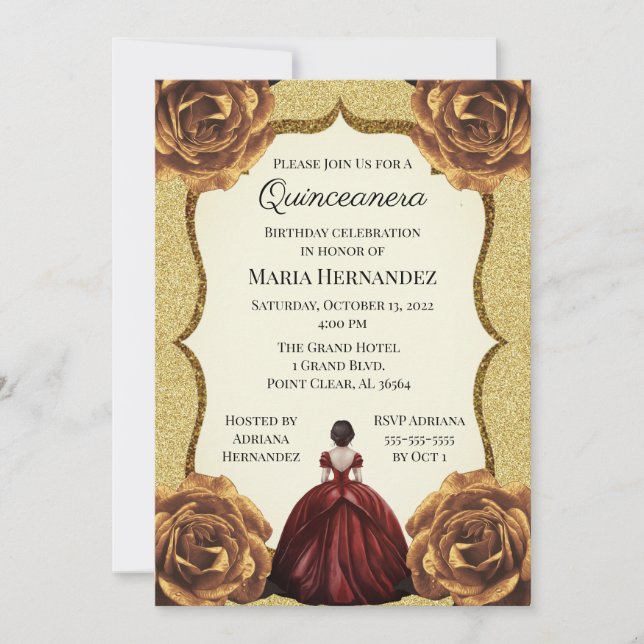 Gold Glitzer Floral Quinceanera Geburtstag Einladung (Vorderseite)