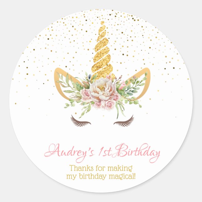 Gold Glitzer | Floral Unicorn Horn Birthday Baby Runder Aufkleber (Vorderseite)