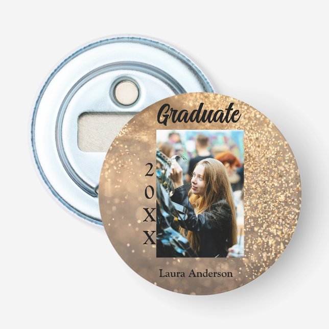 Gold Glitzer Foto Abschluss Namensklasse Flaschenöffner (Vorderseite)