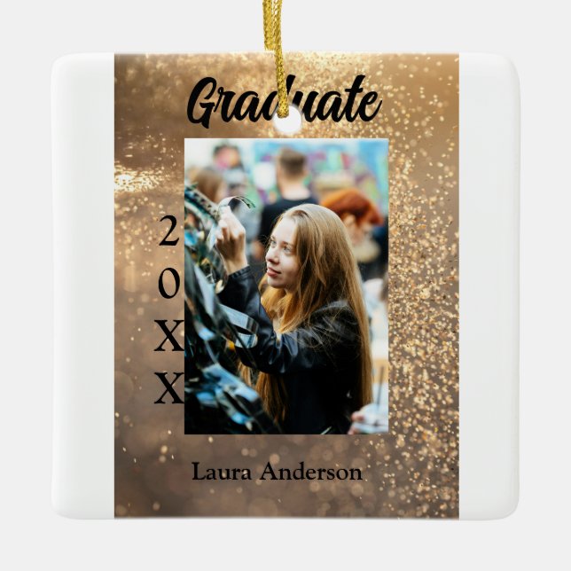 Gold Glitzer Foto Abschluss Namensklasse Keramikornament (Vorderseite)
