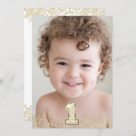 Gold Glitzer Foto Boys Girls 1. Geburtstag Party Einladung