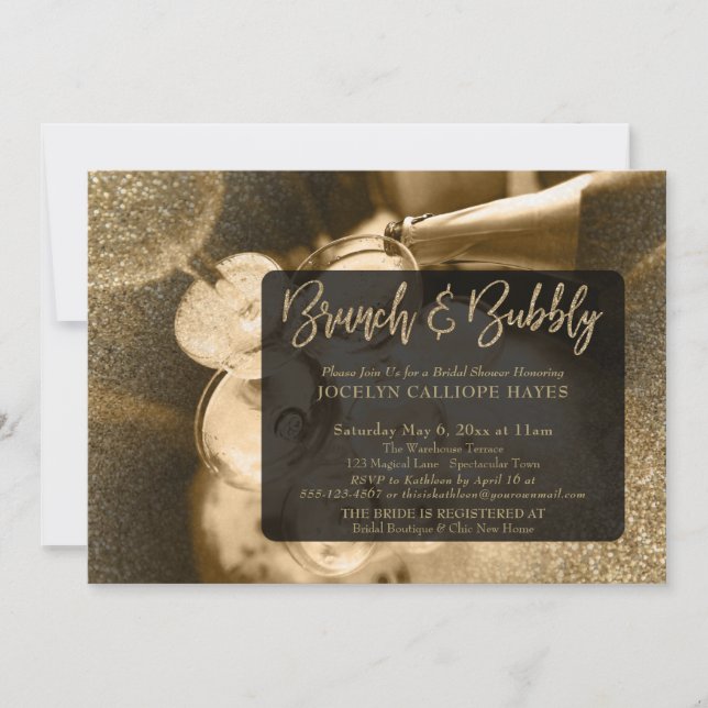Gold Glitzer Foto Brunch & Bubbly Handschrift Einladung (Vorderseite)