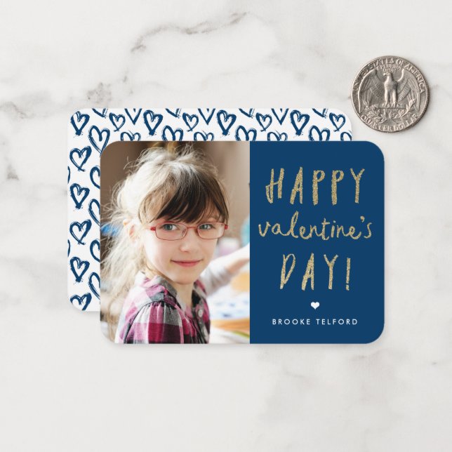 Gold Glitzer Foto Klassenzimmer Glücklicher Valent Mitteilungskarte (Vorderseite/Rückseite Beispiel)