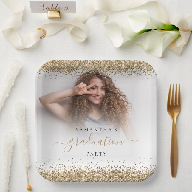 Gold Glitzer Foto Name Abschluss 2024 Party Pape Pappteller (Hochzeit)