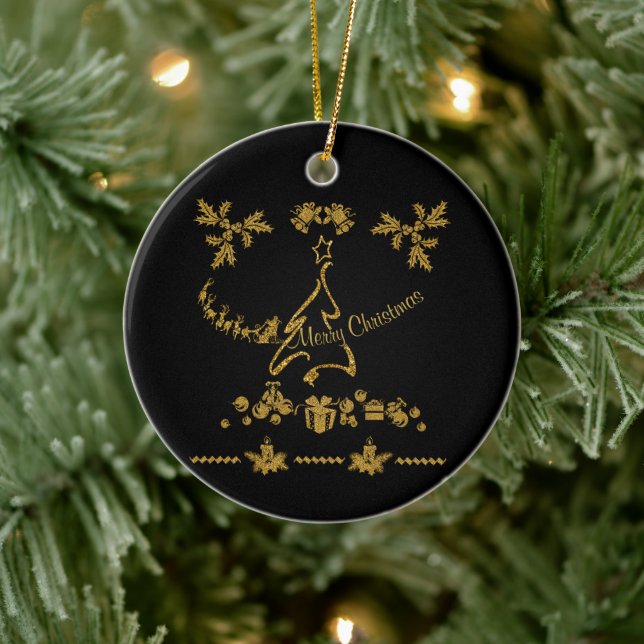 Gold Glitzer Frohe Weihnachten, Weihnachtsmann Keramik Ornament (Baum)